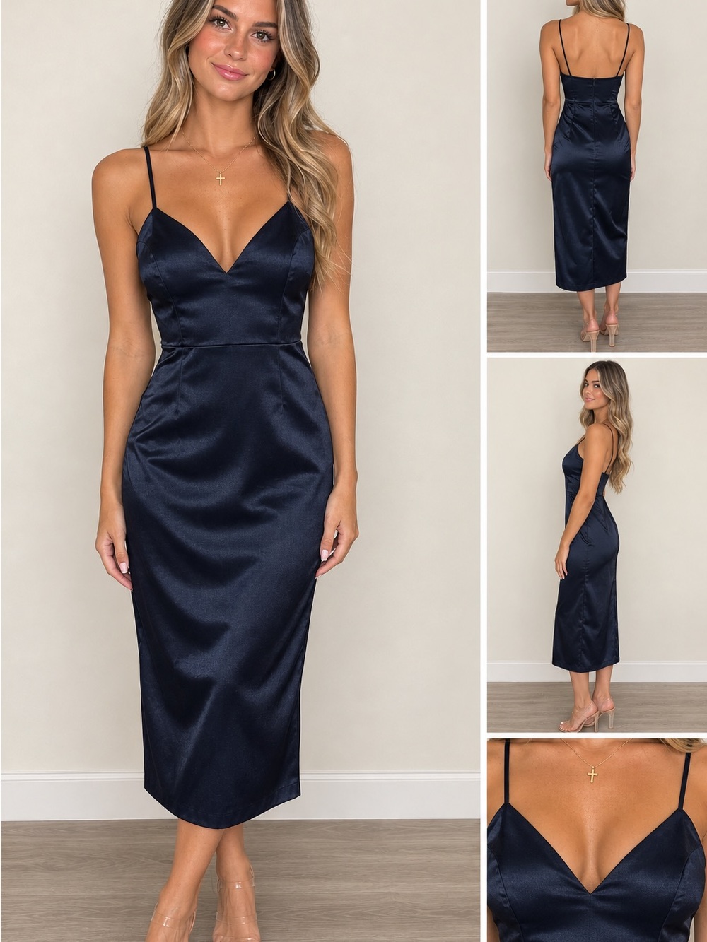 Windsor Navy Satin V-Neck Spaghetti-Strap Midi Dress